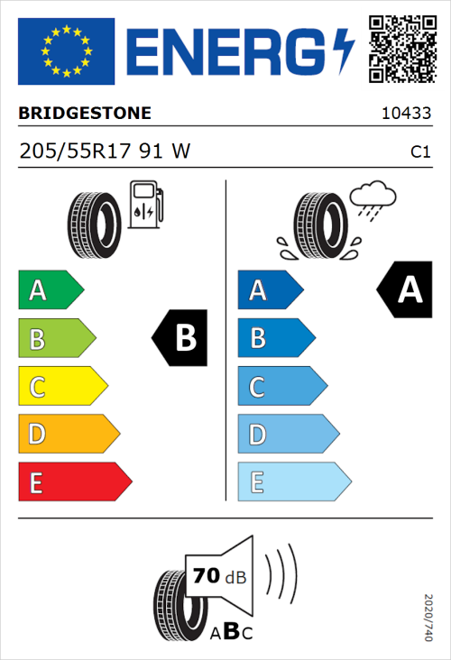 Tyre Label for Bridgestone Turanza T005 205/55R17 91W