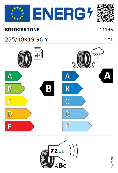 Tyre Label for Bridgestone Turanza T005 235/40R19 96Y