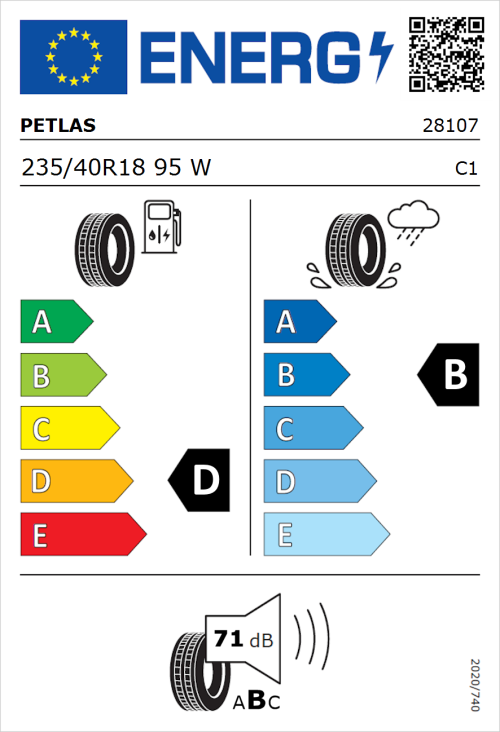 Tyre Label for Petlas Velox Sport PT741 235/40R18 95W