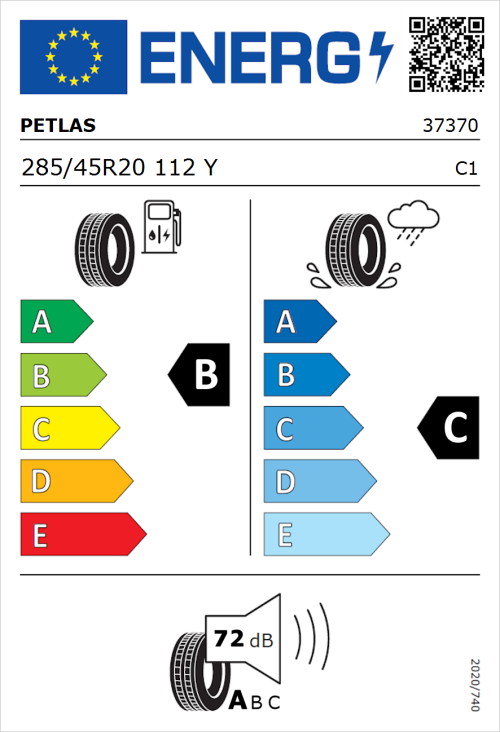 Tyre Label for Petlas Explero PT431 H/T 285/45R20 112Y