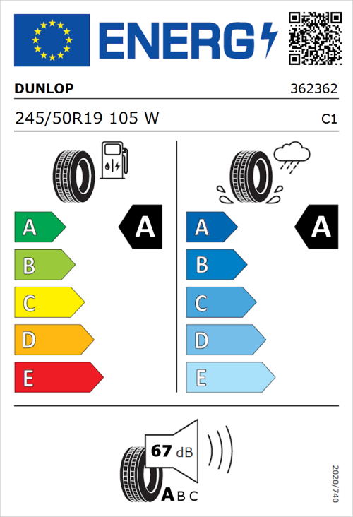 Tyre Label for Dunlop BLUE RESPONSE TG 245/50R19 105W