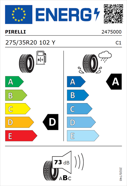 Tyre Label for Pirelli P Zero (PNCS) 275/35R20 102Y