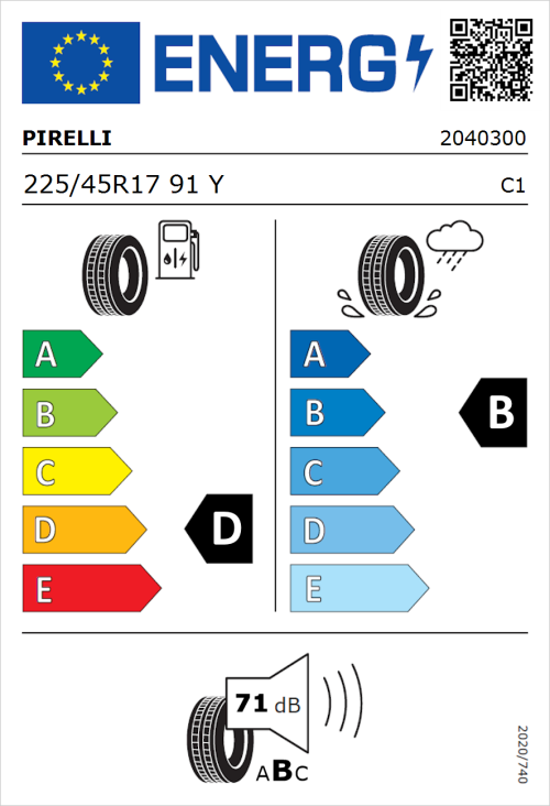 Tyre Label for Pirelli Cinturato P7 Run Flat 225/45R17 91Y