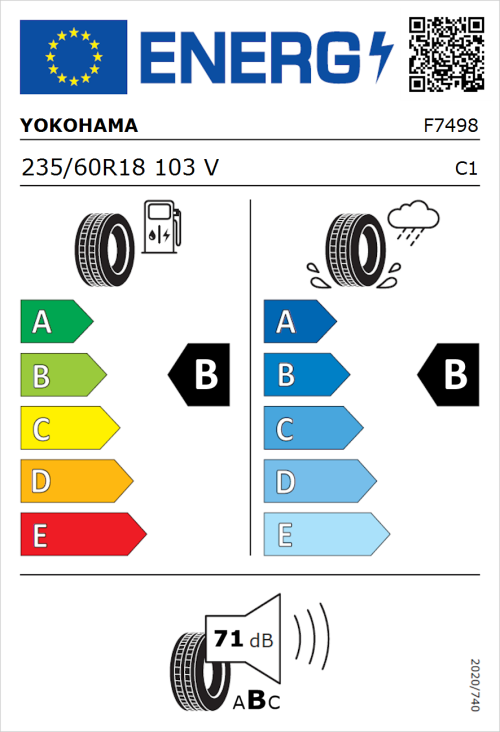 Tyre Label for Yokohama V105 235/60R18 103V